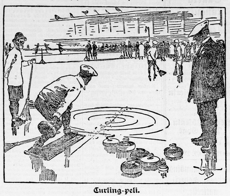  Curling-pelaajia stadionilla. Hufvudstadsbladet 14.2.1913.
